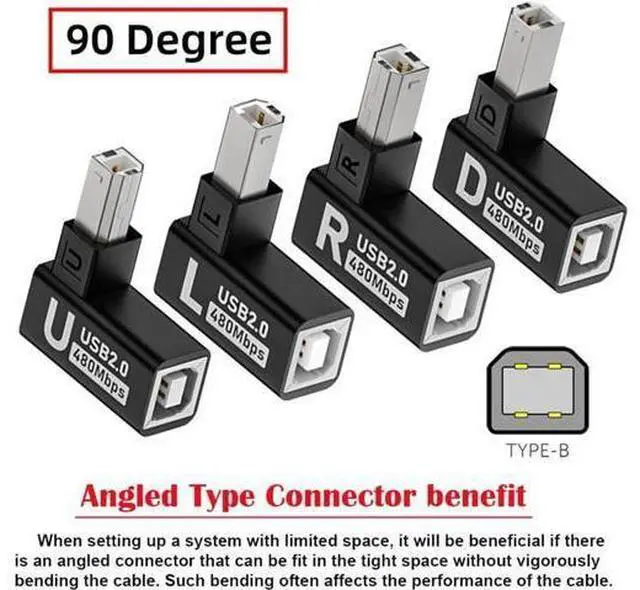 Alt view image 2 of 7 - 4pcs/lot USB 2.0 Type-B Male to Female Extension Adapter Horizontal Vertical Angled 90 Degree for Printer Scanner