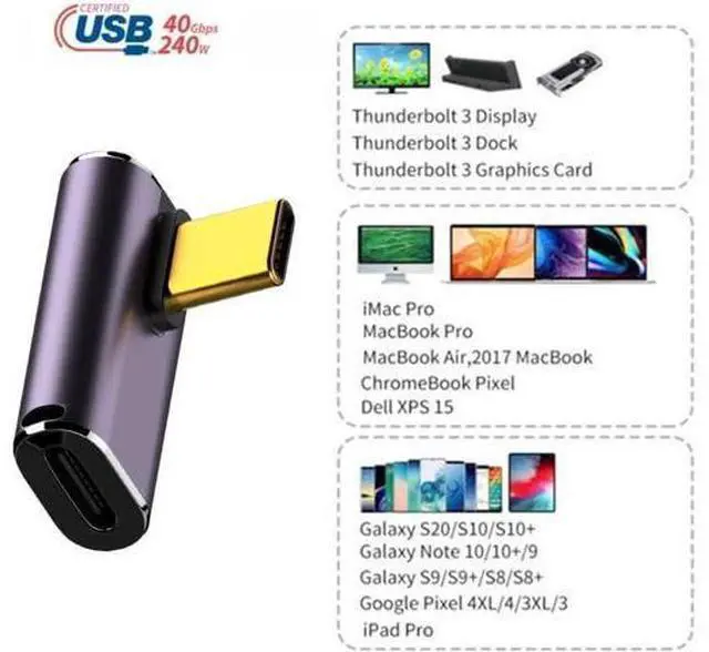 Alt view image 5 of 7 - USB4 Type C Male to Female 240W Power 40Gbps Data 8K Video Adapter Low Profile Left Right Angled for NS Phone Laptop