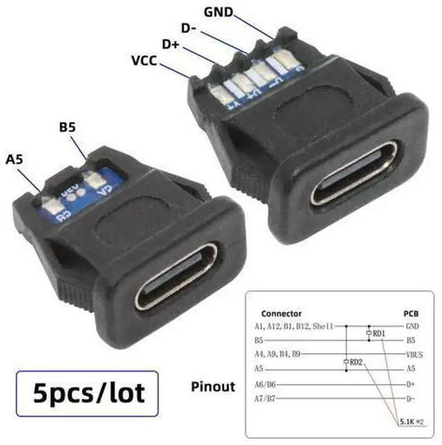 Alt view image 5 of 7 - 5pcs/Set DIY OEM Type C Female Socket Connector to 6Pin PCBA Pinout Rectangle Latch Mount Type DC 5V/20V PD Power IP67