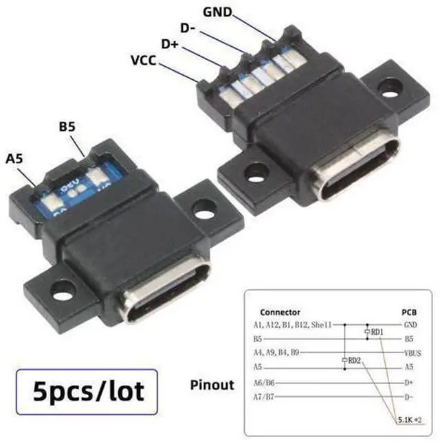 Alt view image 4 of 7 - 5pcs/Set DIY OEM Type C Female Socket Connector to 6Pin PCBA Pinout Flat Scew Mount Type DC 5V/20V PD Power