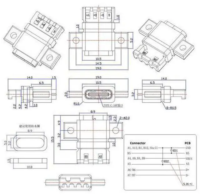 Alt view image 5 of 7 - 5pcs/Set DIY OEM Type C Female Socket Connector to 6Pin PCBA Pinout Flat Scew Mount Type DC 5V/20V PD Power