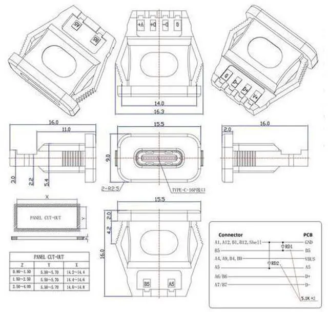 Alt view image 4 of 7 - 5pcs/Set DIY OEM Type C Female Socket Connector to 6Pin PCBA Pinout Rectangle Latch Mount Type DC 5V/20V PD Power IP67