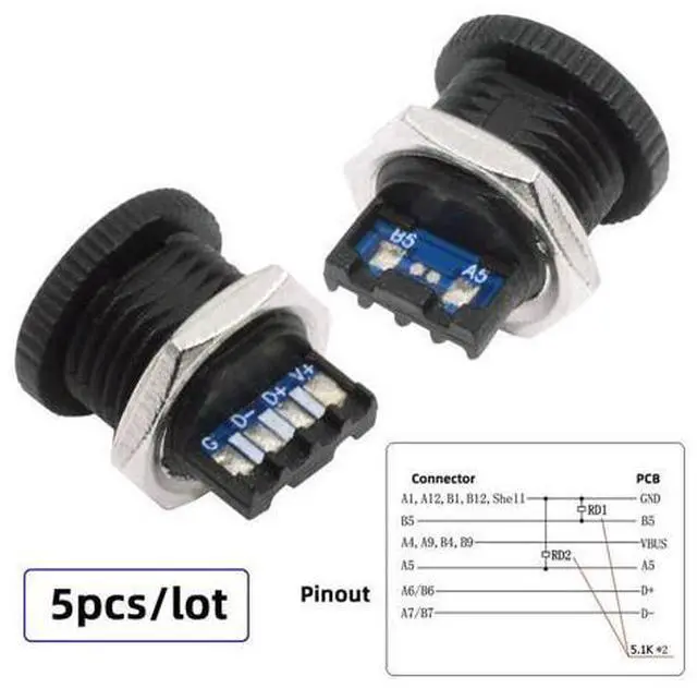 Alt view image 6 of 7 - 5pcs/Set DIY OEM Type C Female Socket Connector to 6Pin PCBA Pinout Scew Nut Mount Type DC 5V/20V PD Power