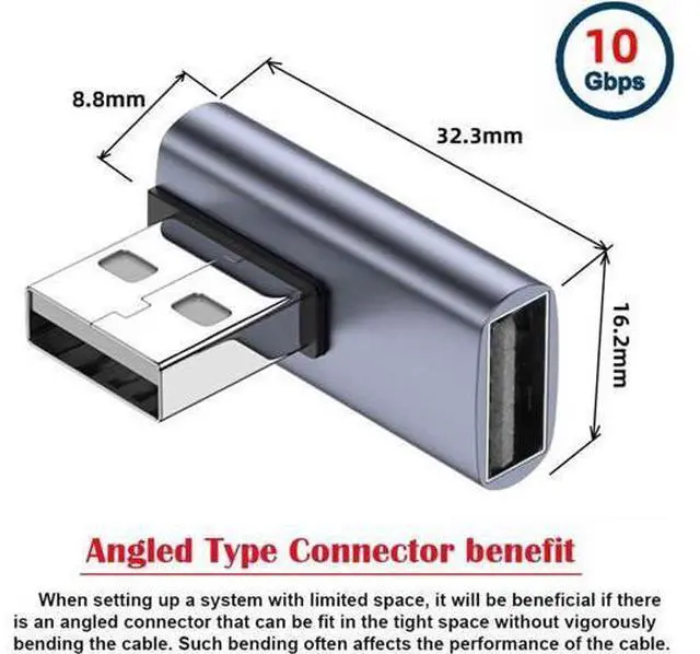 Alt view image 4 of 7 - 10Gbps USB3.0 Male to Female Extension Power Data Video Adapter Low Profile 90 Degree Right Angled Type