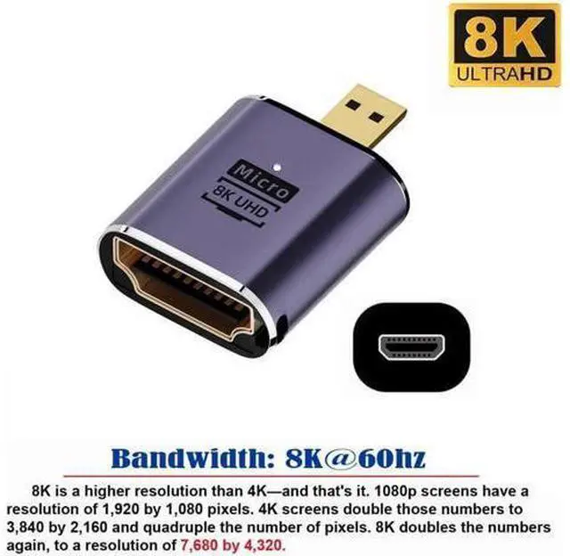 Alt view image 7 of 7 - Micro HDMI Male to HDMI 2.1 Female UHD Extension Gold Converter Adapter Support 8K 60hz HDTV
