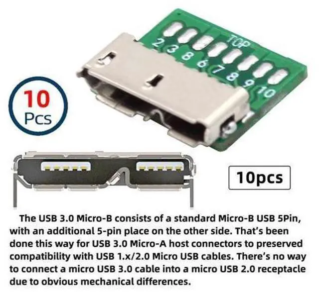 Alt view image 3 of 7 - 10pcs Micro USB 3.0 10pin Female Socket Receptacle Board Mount SMT Type with PCB for USB Disk DIY OEM
