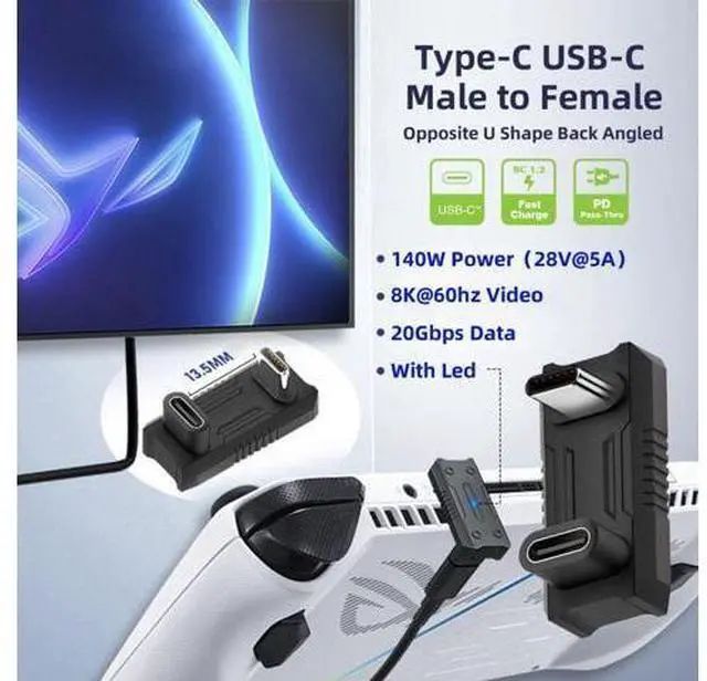 Alt view image 4 of 7 - 2 Pack USB C Extender Adapter,USB C Male to Female 180 Degree Angled Adapter for ROG Ally,Steam Deck,Switch,Support 20Gbps Data Transfer PD 140W Fast Charging and 8K@60Hz Video
