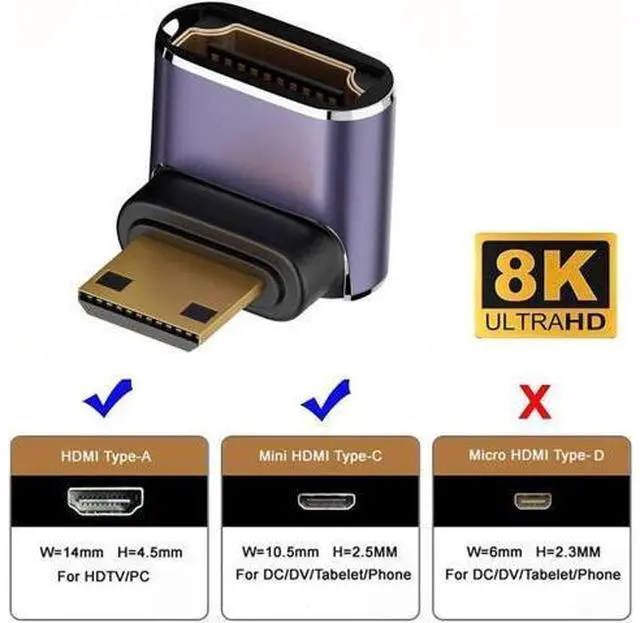 Alt view image 2 of 7 - Up Angled HDMI 2.1 Female to Mini HDMI Male UHD Extension Gold Converter Adapter Support 8K 60hz HDTV