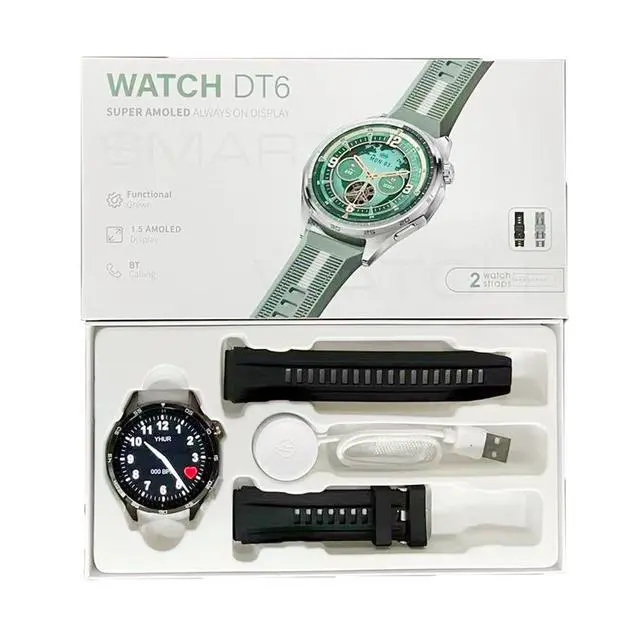 Alt view image 4 of 5 - New Model Watch DT6 Smart Bluetooth Watch - High-Resolution Large Screen Heart Rate and Oxygen Saturation Round Design Fitness Watch Silver watch + Green silicone strap