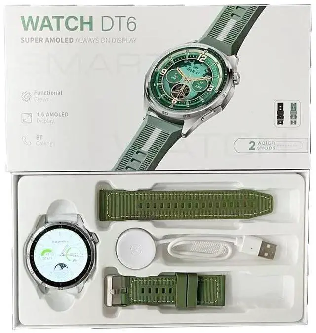 Main image of New Model Watch DT6 Smart Bluetooth Watch - High-Resolution Large Screen Heart Rate and Oxygen Saturation Round Design Fitness Watch Silver watch + Green silicone strap