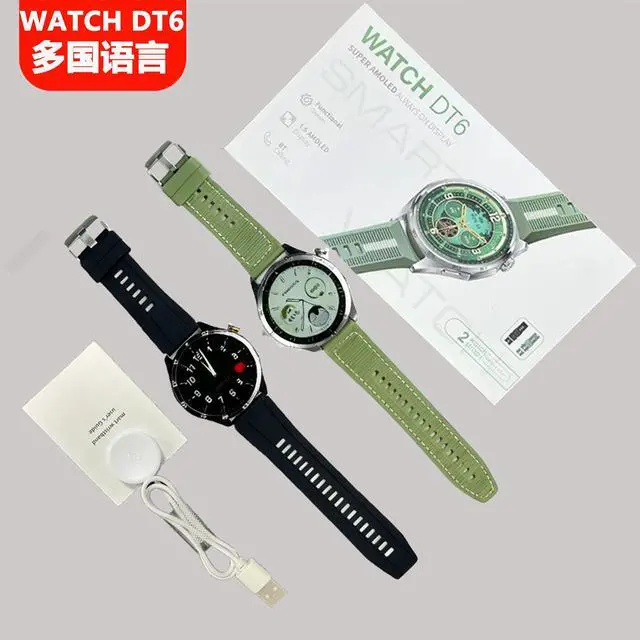 Alt view image 2 of 5 - New Model Watch DT6 Smart Bluetooth Watch - High-Resolution Large Screen Heart Rate and Oxygen Saturation Round Design Fitness Watch Silver watch + Green silicone strap