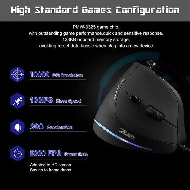 Alt view image 5 of 6 - TRELC Gaming Mouse with 5 D Rocker, Ergonomic Mouse with 10000 DPI/11 Programmable Buttons, RGB Vertical Gaming Mice Wired for PC/Laptop/E-Sports/Gamer (Black)