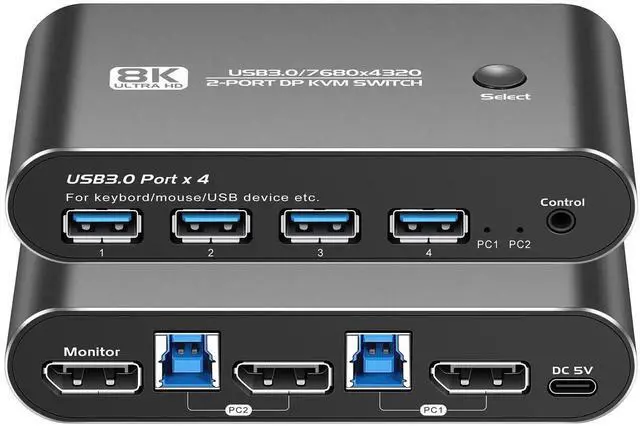 Main image of 8K DP KVM Switch 1 Monitors 2 Computers, DP 1.4 Support 8K60Hz 4K144Hz 2K175Hz,2Port Displayport KVM Switch with 4 USB 3.0 Ports,Share Keyboard Mouse Printer,with 2 DP Cables, 2 USB A to B Cables