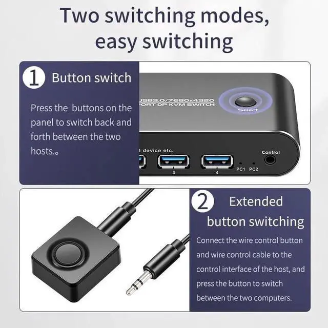 Alt view image 4 of 5 - 8K DP KVM Switch 1 Monitors 2 Computers, DP 1.4 Support 8K60Hz 4K144Hz 2K175Hz,2Port Displayport KVM Switch with 4 USB 3.0 Ports,Share Keyboard Mouse Printer,with 2 DP Cables, 2 USB A to B Cables