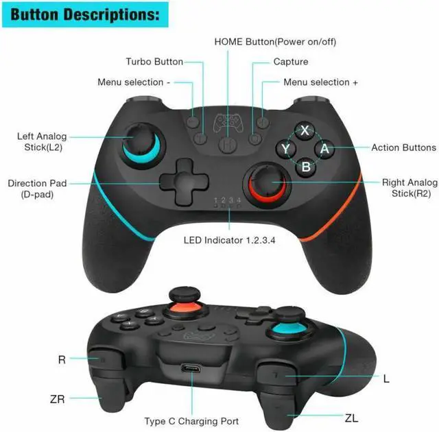 Alt view image 4 of 7 - Wireless controller Gamepad for Nintendo Switch, Bluetooth Controller For Games Nintendo Switch Pro Controller with Rechargeable Battery-Turbo-6-Axis