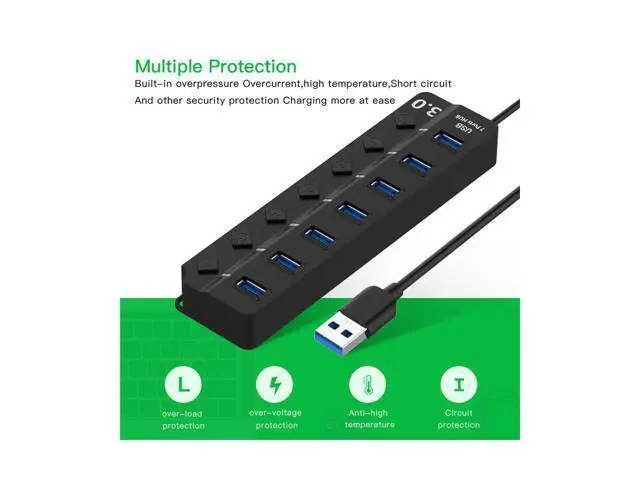 Alt view image 2 of 6 - XJYLCPC USB hub 3.0,7-Port USB Hub,VEMONT USB Splitter with Individual On/Off Switches and Lights, USB3.0 Extension for Laptop and PC Computer