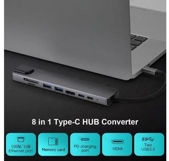Alt view image 2 of 7 - XJYLCPC USB C Hub 8-in-1 Type C Hub with RJ45 Port, 2 USB 3.0 Port,4K HDMI,SD/TF Card Port,87W PD, Type-C Port Compatible for MacBook/Pro/Air 2016/2017/2018 and More USB C Devices