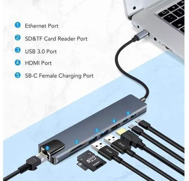 Main image of XJYLCPC USB C Hub 8-in-1 Type C Hub with 4K HDMI Port, 2X USB 3.0, RJ45 Port, SD/TF Card Port, Type C Power Delivery Charging Port, Type-C Port Travel Dock for MacBook, Chromebook and More Type C