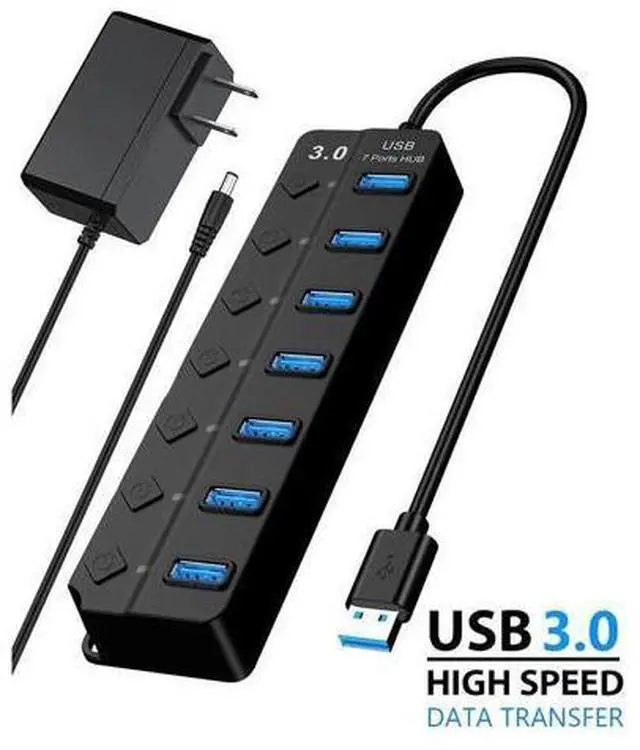 Main image of USB 3.0 Hub, 7 Port Powered USB Hub Expander USB 3.0 Data Port hub with Universal 5V DC Adapter and Individual On/Off Switches USB Splitter for Laptop and PC(Black)