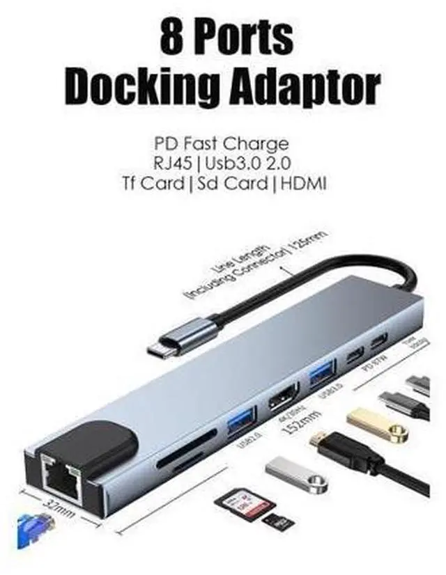 Main image of XJYLCPC USB C Hub Adapter 8-in-1 4K USB C to HDMI Type C to 100M Ethernet , USB C to USB3.0/2.0 SD/TF Card Reader,3.0 Power Delivery USB-C Data Port,Portable Compatible with MacBook 2018 Ipad Pro