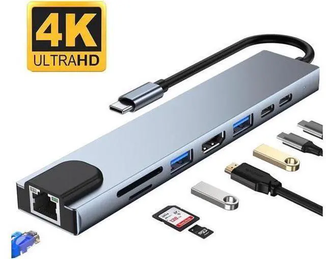 Main image of USB C Hub, 8-In-1 Type C Hub with Ethernet Port, 4K USB C to HDMI,USB3.0/USB2.0 Ports, SD/TF Card Reader, USB-C Power Delivery, Type-C Data Port Portable for Mac Pro and Other Type C Laptops