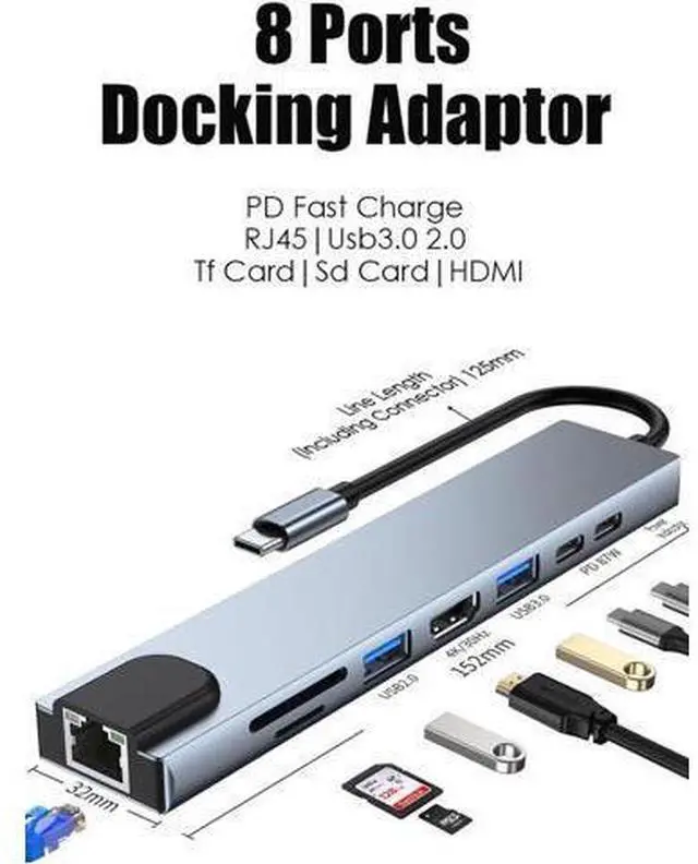 Alt view image 4 of 7 - USB C Hub, 8-In-1 Type C Hub with Ethernet Port, 4K USB C to HDMI,USB3.0/USB2.0 Ports, SD/TF Card Reader, USB-C Power Delivery, Type-C Data Port Portable for Mac Pro and Other Type C Laptops