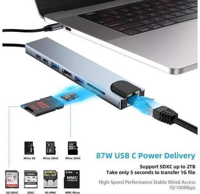 Alt view image 5 of 7 - USB C Hub, 8-In-1 Type C Hub with Ethernet Port, 4K USB C to HDMI,USB3.0/USB2.0 Ports, SD/TF Card Reader, USB-C Power Delivery, Type-C Data Port Portable for Mac Pro and Other Type C Laptops