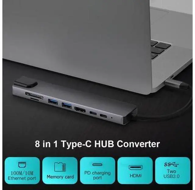 Alt view image 6 of 7 - Update Version USB C Hub, 8-in-1 Type c hub Adapter with RJ45 Port, 2 USB 3.0 Port,4K HDMI,SD/TF Card Port,87W PD, Type-C Port Compatible for MacBook/Pro/Air 2016/2017/2018 and More USB C