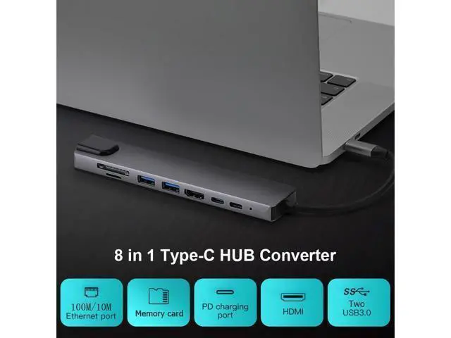 Alt view image 2 of 7 - XJYLCPC USB C Hub 8 in 1 Multi-Function Hub with USB C to 4K HDMI, RJ45 Ethernet Port, 2 USB 3.0 ports, SD/TF Card Reader, 87W PD, Type-C Port for iPad Air 2020, MacBook Pro 13/15