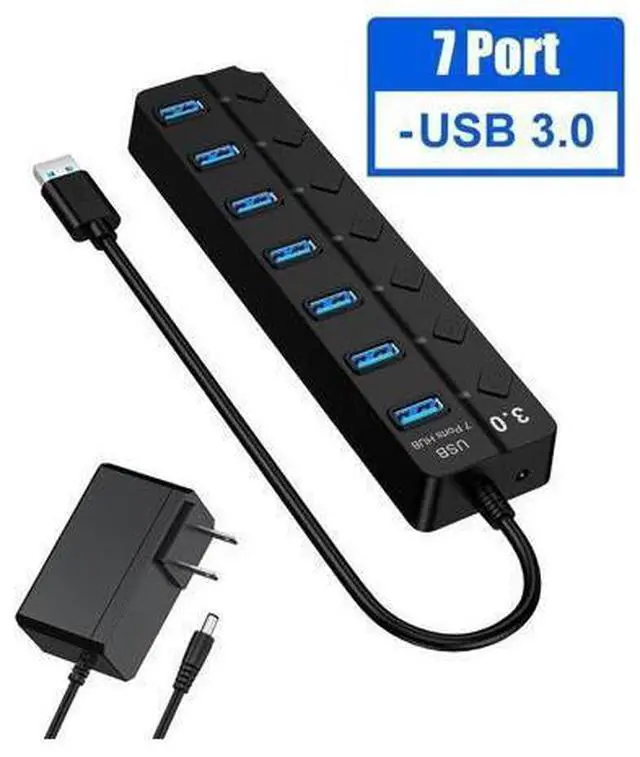Main image of Powered USB Hub 3.0, 7-Port USB Data Hub Splitter with Individual On/Off Switches and 5V DC Power Adapter USB Extension for MacBook, Mac Pro/Mini and More