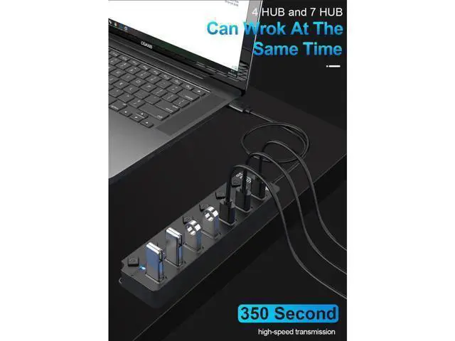 Alt view image 2 of 7 - USB Hub 3.0 Powered, 7 Ports USB 3.0 Data Hub Splitter with (5V DC) Power Adapter and Individual On/Off Switches USB Port Expander for PC and Laptop (7IN1HUB)