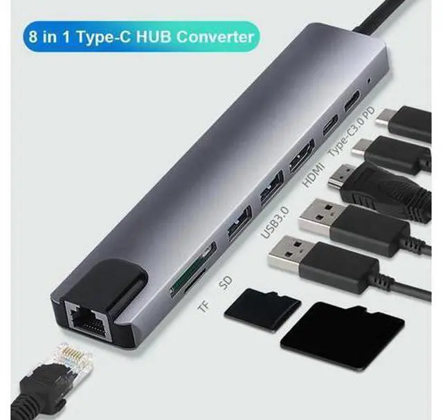Main image of USB C Hub 8-in-1 USB C Adapter with RJ45 Ethernet Port, 4K USB C to HDMI, PD Power Delivery,2X USB 3.0 Ports, Type-C Port, SD/TF Card Reader for MacBook/Pro/Air and Type C Windows