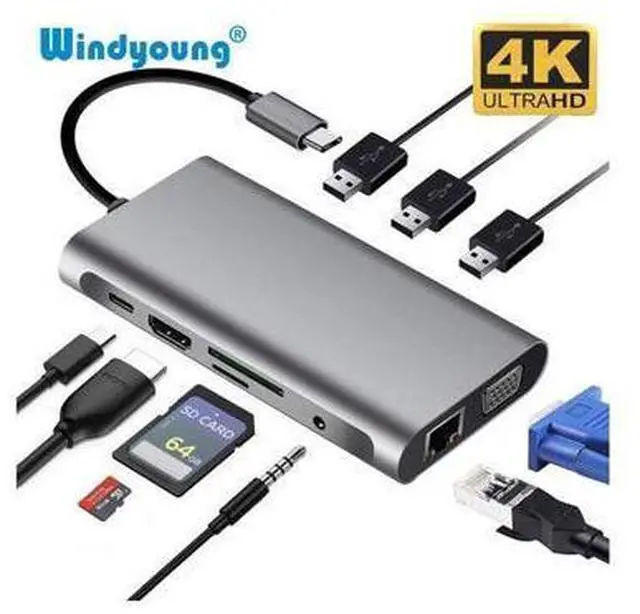 Main image of XJYLCPC USB C Hub, USB C Adapter 10 in 1 Type C Adapter,USB-C PD 3.0 with 4K HDMI, RJ45 Ethernet, USB 3.0 Ports, TF/SD Card Reader, VGA, Audio Mic Port for MacBook and Other Type-C Laptops
