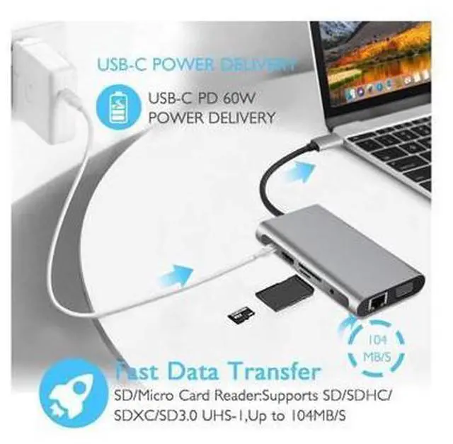 Alt view image 4 of 7 - XJYLCPC USB C Hub, USB C Adapter 10 in 1 Type C Adapter,USB-C PD 3.0 with 4K HDMI, RJ45 Ethernet, USB 3.0 Ports, TF/SD Card Reader, VGA, Audio Mic Port for MacBook and Other Type-C Laptops