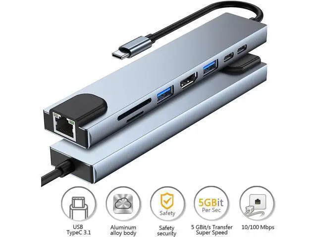 Alt view image 4 of 7 - USB C Hub, 8-in-1 Type C Multiport Hub Adapter with RJ45 Ethernet, 4K HDMI, USB-C PD Charging Port,Type-C Data Port, USB3.0/USB2.0, SD/TF Cards Reader USB C Dock for MacBook/Pro/Air and More