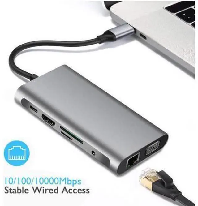 Alt view image 5 of 7 - USB C Hub, Type C Hub, Jansicotek 10-in-1 Adapter with Ethernet, 4K USB C to HDMI, VGA, 3 USB3.0 , Micro SD/TF Card Reader, Mic/Audio, USB-C Pd 3.0, Compatible for Mac Pro and Other Type C
