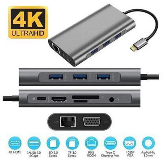 Alt view image 3 of 7 - XJYLCPC USB C Hub, USB C Adapter 10 in 1 Type C Adapter,USB-C PD 3.0 with 4K HDMI, RJ45 Ethernet, USB 3.0 Ports, TF/SD Card Reader, VGA, Audio Mic Port for MacBook and Other Type-C Laptops