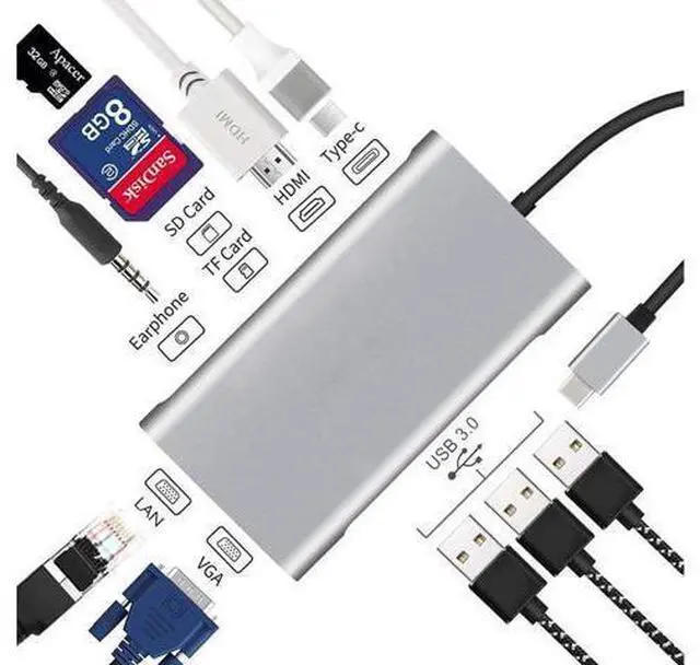 Alt view image 2 of 7 - XJYLCPC USB C Hub, USB C Adapter 10 in 1 Type C Adapter,USB-C PD 3.0 with 4K HDMI, RJ45 Ethernet, USB 3.0 Ports, TF/SD Card Reader, VGA, Audio Mic Port for MacBook and Other Type-C Laptops