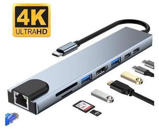 Main image of XJYLCPC 8-in-1 Type C Hub Adapter with RJ45 Port, USB3.0/2.0 Port,4K HDMI,SD/TF Card Port,87W PD, Type-C Port Compatible for MacBook/Pro/Air 2016/2017/2018 and More USB C Devices