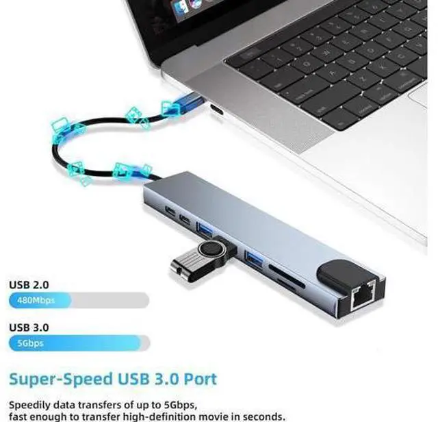 Alt view image 3 of 7 - XJYLCPC 8-in-1 Type C Hub Adapter with RJ45 Port, USB3.0/2.0 Port,4K HDMI,SD/TF Card Port,87W PD, Type-C Port Compatible for MacBook/Pro/Air 2016/2017/2018 and More USB C Devices