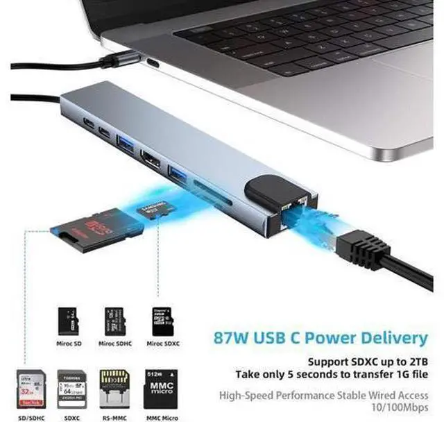 Alt view image 4 of 7 - XJYLCPC 8-in-1 Type C Hub Adapter with RJ45 Port, USB3.0/2.0 Port,4K HDMI,SD/TF Card Port,87W PD, Type-C Port Compatible for MacBook/Pro/Air 2016/2017/2018 and More USB C Devices