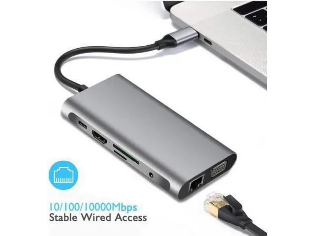 Alt view image 4 of 7 - CUSB C Hub Adapter, 10 in 1 USB Type C Adapter Dock with 3 USB 3.0 Port, 4K HDMI, 1080P VGA, RJ45 Gigabit Ethernet, 3.5mm Audio Output, SD/TF Card Reader and USB Type-C PD for MacBook Pro Mac