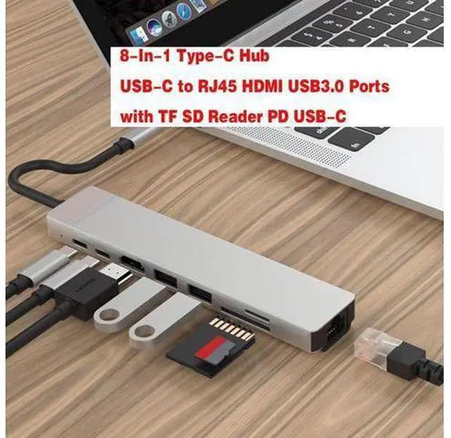 Main image of 8-in-1 Type C Hub Adapter with RJ45 Port, 2 USB 3.0 Port,4K HDMI,SD/TF Card Port,87W PD, Type-C Port Compatible for MacBook/Pro/Air 2016/2017/2018 and More USB C Devices