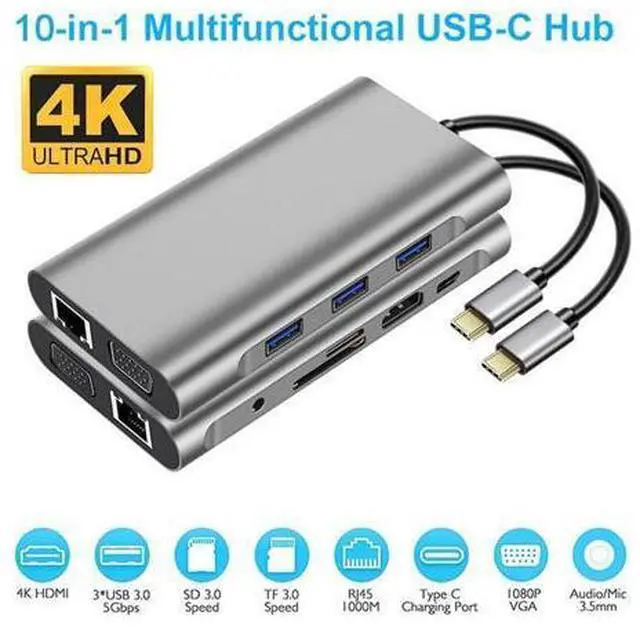 Main image of XJYLCPC USB C Hub, Type C Adapter 10-in-1 Dongle with Ethernet, 4K@30Hz HDMI, VGA, 3 USB3.0, SD/TF Card Reader, Mic/Audio, USB-C PD 3.0, Compatible for MacBook Air Pro and Other Type C Laptops