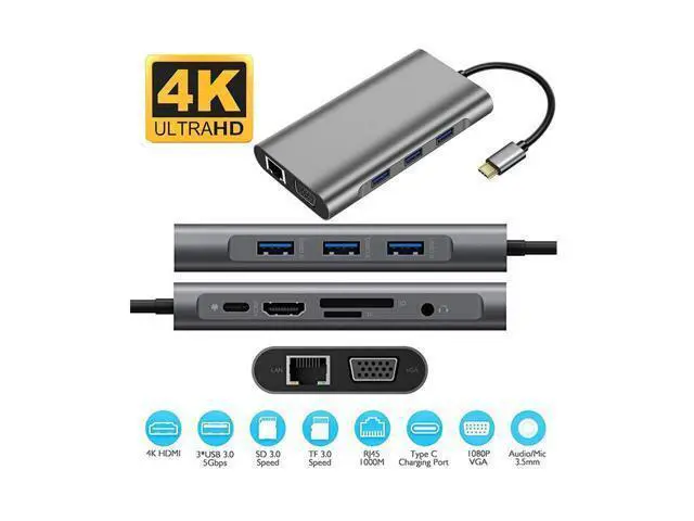 Alt view image 4 of 7 - XJYLCPC USB C Hub, Type C Adapter 10-in-1 Dongle with Ethernet, 4K@30Hz HDMI, VGA, 3 USB3.0, SD/TF Card Reader, Mic/Audio, USB-C PD 3.0, Compatible for MacBook Air Pro and Other Type C Laptops