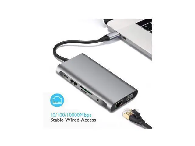 Alt view image 6 of 7 - XJYLCPC USB C Hub, Type C Adapter 10-in-1 Dongle with Ethernet, 4K@30Hz HDMI, VGA, 3 USB3.0, SD/TF Card Reader, Mic/Audio, USB-C PD 3.0, Compatible for MacBook Air Pro and Other Type C Laptops
