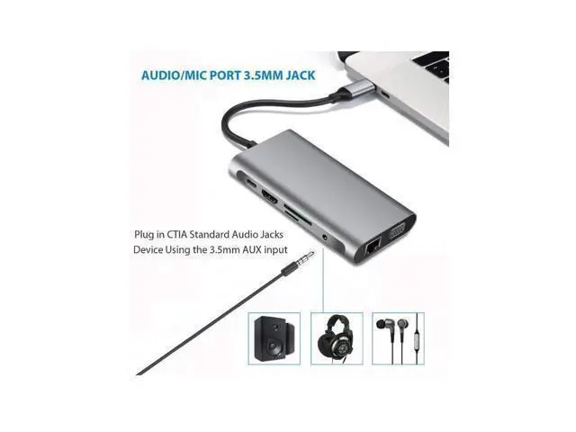 Alt view image 7 of 7 - XJYLCPC USB C Hub, Type C Adapter 10-in-1 Dongle with Ethernet, 4K@30Hz HDMI, VGA, 3 USB3.0, SD/TF Card Reader, Mic/Audio, USB-C PD 3.0, Compatible for MacBook Air Pro and Other Type C Laptops