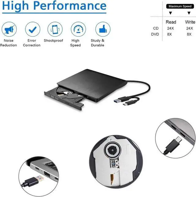 Alt view image 5 of 7 - External CD DVD Drive, Type C USB 3.0 CD DVD RW Reader Burner Portable CD-RW/VCD-RW Player Rewriter High Speed Low Noise Super drive for Laptop, Desktop, Mac OS, Windows 10/8/7/XP/Linux