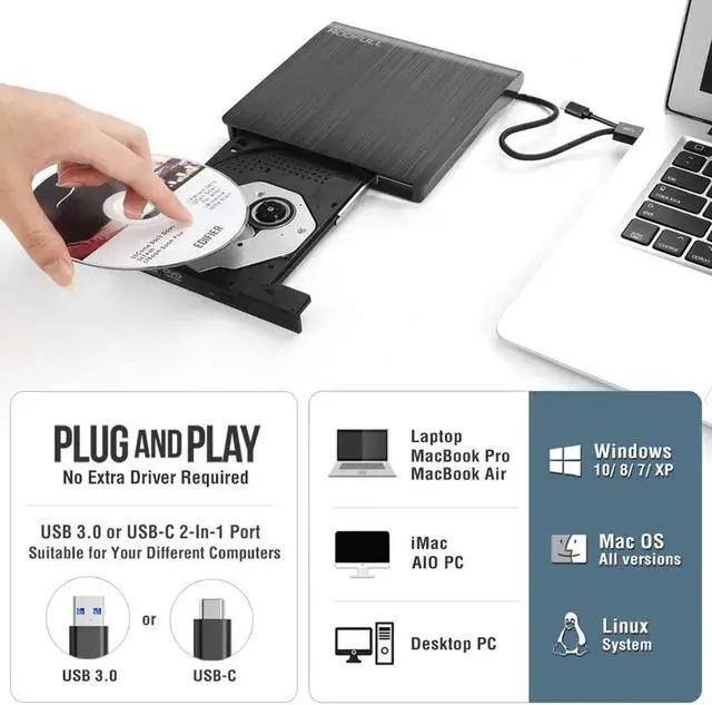 Alt view image 3 of 7 - External CD DVD Drive, Type C USB 3.0 CD DVD RW Reader Burner Portable CD-RW/VCD-RW Player Rewriter High Speed Low Noise Super drive for Laptop, Desktop, Mac OS, Windows 10/8/7/XP/Linux