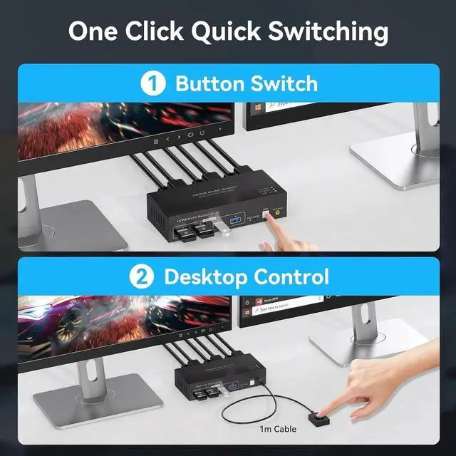 Alt view image 5 of 6 - AUTYUE HDMI KVM Switch 2 Monitors 2 Computers 4K@60Hz HDMI Dual Monitor KVM Switches for Dual PC or Laptops Share 1 Set of Keyboard Mouse Printer Wired Controller and 12V 1A DC Adapter Included